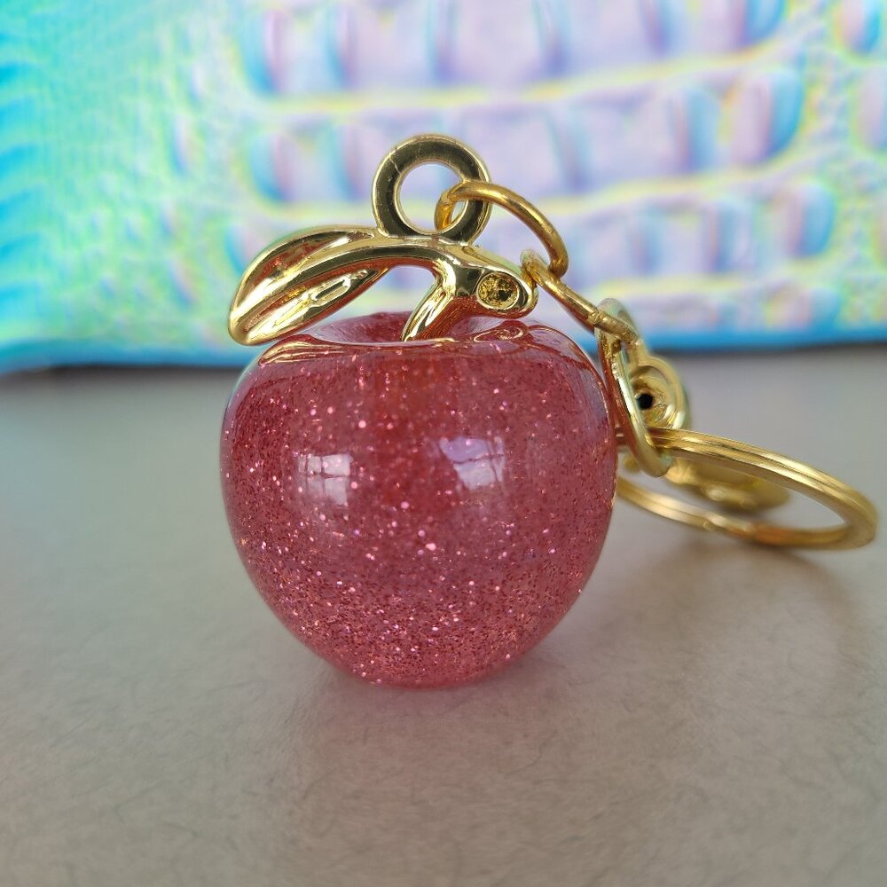 Red OR Pink Apple Purse Charm and Key Ring Gold Tone Hardware - Picture 9 of 11